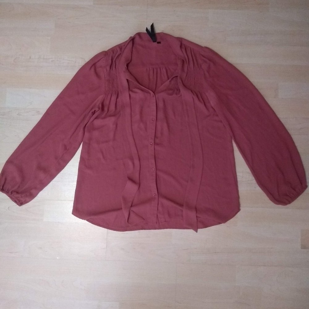 Rose Dress Shirt with Ruched Yoke, Necktie, and Bishop sleeves - Medium